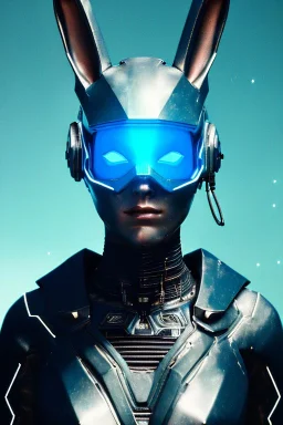 Medium Close Up Portrait, Front image. cyberpunk, rabbit mask, teenager, blonde woman, cyber helmet head. Titanium dress. White, blue, color. Steampunk style. renaissance ornaments, Color background, photo studio. Front image, highly detailed, concept art, smooth, unreal engine 5, ray tracing, RTX, lumen lighting, ultra detail, volumetric lighting, 3d, finely drawn, high definition, high resolution.