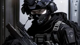 A strong teenage boy, wearing black tactical gear, works in a top secret Mobile Task Force Alpha-1 from SCP Foundation.