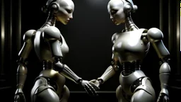 Surrealism.. Create an image featuring two humanoid robots holding hands. One robot should have a shiny light gray finish, while the other should have an opaque dark gray appearance. Both robots have their heads slightly tilted downwards, giving a mechanical and somewhat contemplative look. The setting is minimalistic, focusing on the contrast between the robots' finishes and their human-like connection. Contemporary art.