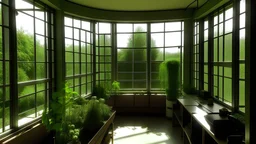 Biologie-Klassenzimmer mit Pflanzen, Sicht durch ein Fenster in der Tür