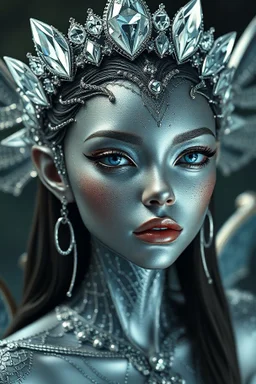 Aquatic Fairy female alien with a crown of diamonds on her head ,octane render, 8k, high detail, android, portrait, metallic