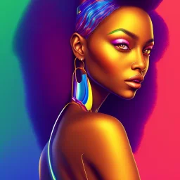 Portrait of beautiful black woman, illustration, bright colors, long curly hair