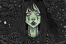 create a disturbing horror full body aquatint of a dark haired, savage, gothpunk vampire girl with highly detailed , sharply defined hair and facial features, in a dark, otherworldly London in the style of Junji Ito, precisely drawn, inked, with dramatic edges,