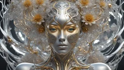 figure of a woman, art from the "art of control" collection by Jasper Harvey, in the style of futuristic optics, silver and gold, flower, bird, plant branches, detailed facial features, swirling vortices, 8k 3d, bizarre cyborgs made of crystals, high detail, high resolution, 8K