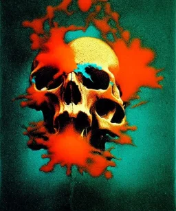 broken realistic skull. black background. smoke and explode. particles in air. teal and orange. abstract. beksinski.