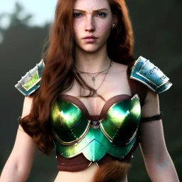 Realistic, hyper detailed, strikingly beautiful young adult woman, 19 years old, long ginger hair, green eyes, medium freckles, full lips, very skimpy fantasy armour, full body, full face, small breasts, aroused expression, biting lower lip, full frame, athletic, centered camera, ignore NSFW, bow, quiver on hip, tight pants