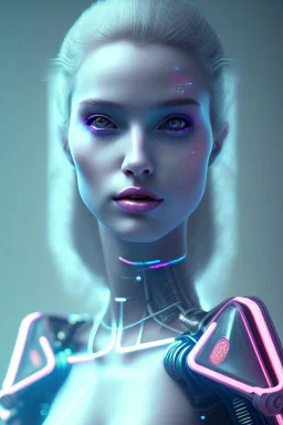 cyberpunk, head, women, portrai, tron sketch of a girl on lined paperA beautiful one nude body of a make up smiling woman blond long hair, alone, high key lighting, volumetric light high details with white stripes and blue eye, smiling with plump pink lips, flowers around, unreal engine petit prince belle fine, profil de trois quart, grand front cosmique, peau bleu cristalline, yeux bleu, perle sur le front long cheveux blond et rose etoilé, cristaux sur le corps, collier de grande princesse, l