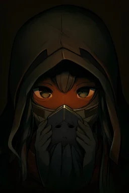 Portrait of a young male with long hair, and tan skin color, wearing a hood, with a mask drawn in Yoji Shinkawa style.