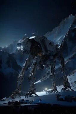 eight legged mechanical walker mech scaling the side of mout everest at night, it has a smooth surface, it has storage pods on its belly human can fit in the pods, it is covered with camera arrays