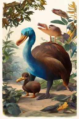 John James Audubon-like illustration of a fully uncropped Dodo bird and a Platypus in a landscape of warm yellows, warm reds, and warm blues