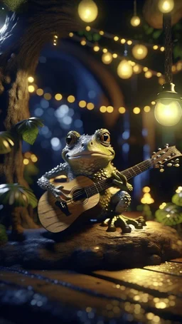 portrait of hairy rock guitar frog living inside a tree house in a hollow huge tree growing light bulbs,bokeh like f/0.8, tilt-shift lens 8k, high detail, smooth render, down-light, unreal engine, prize winning