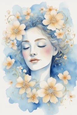 A stunning watercolor of a woman's face (tiny flowers), joyful glow, filigree work. Blue background