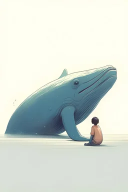 a distance angle of a giany whale and a kid lays on it. illustration.
