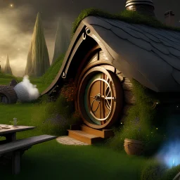 hyper-real hobbit house with smoke coming from the chimney in the forest with the milky way in the background