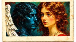 old worn postcard, Portrait Light and darkness in one person, angel and demon in one person, abstract art additional colors small details,