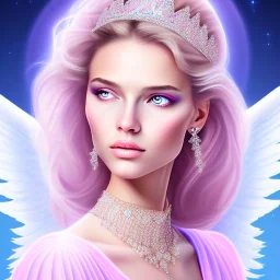 portrait of a beautiful woman with an angel face, pink and blue dress, jewels, soft light aura