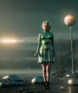 Ultra Realistic retro sci-fi 1960 scene, waist up view portrait, blonde woman, sweet young Marilyn Monroe face, perfect iris, tight latex coat, alien planet background, tight style, steel sphere dron levitating, fog, rain, soft color, highly detailed, unreal engine 5, ray tracing, RTX, lumen lighting, ultra detail, volumetric lighting, 3d, finely drawn, high definition, high resolution.