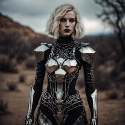 beautiful caucasian half cyborg woman, black metal body and limbs, chrome details, anorexic figure, short blond wavy bob haircut, dystopian, desert scene