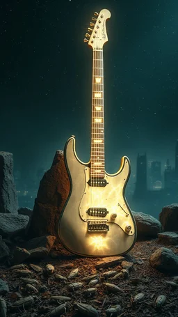 "ancient glowing metallic white electrical guitar on a ruined altar, surrounded by tiny insect runes and chitin shards, starry sky of a city background, dramatic spotlight, 16:9, high detail, no humans."