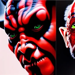 Ultra detailed fullbody Portrait in oil on canvas of Darth Maul merges Yoda ,intense stare,extremely detailed digital painting, extremely detailed face,crystal clear Big eyes, mystical colors ,perfectly centered image, perfect composition, rim light, beautiful lighting,masterpiece,8k, stunning scene, raytracing, anatomically correct, in the style of robert e howard and Ken Kelley and Ohrai Noriyoshi and Simon Bisley and tomzj1