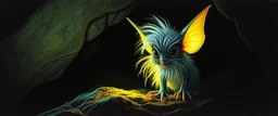 pen outline with some neon airbrush, glowing quickling pixie gremlin in the shadows with long fluffy white fur looking at awesome glowing cave painting, pin hole camera, in the style of Rembrandt