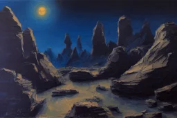 Rocks, night, 2000's sci-fi movies influence, ludwig dettman impressionism painting