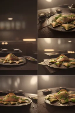 Ravioli collage art , cooking photo, realistic style ,smooth, god rays, unreal engine 5, ray tracing, RTX, lumen lighting, ultra detail, volumetric lighting