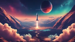 4k picture of the sky with a rocket flying towards a distant planet, stars, sky, vast, colorful, large planet,mountain, wallpaper, detailed, small details, blue, starry, dark night