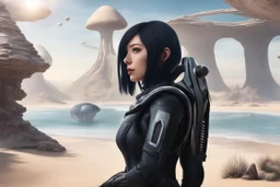 Photorealistic woman with black hair in a futuristic space suit, looking over a sandy beach, sci-fi buildings, arches, bridges, trees, flying mushrooms with tentacles