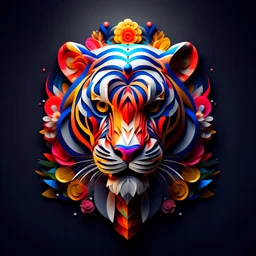 logo design, complex, trippy, bunchy, 3d lighting, 3d, tiger, realistic head, colorful, floral, flowers, cut out, modern, symmetrical, center, abstract