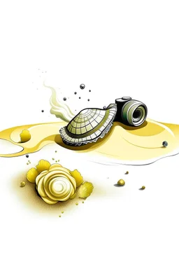 A disposable camera lies abandoned on a sandy beach, partially buried in the grains. A playful sea turtle swims past in the clear water, leaving a trail of bubbles in its wake. Style: Whimsical, Mood: Playful, Lighting: Bright midday sun with a warm glow, T-shirt design graphic, vector, contour, white background.