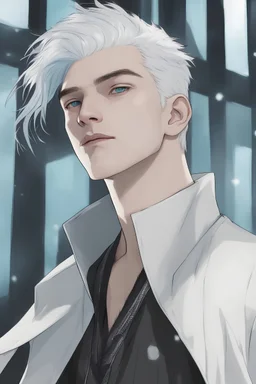 man with pale skin and ice blue eyes, white hair with a black undercut