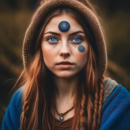 Blue eyed traditional pagan woman with with runes and nature