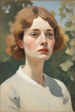 portrait in Maria Lassing-Euan Uglow oil painting wanderlast woman face fashion in a garden with sunlight from the right.