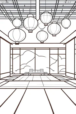 outline art for A Japanese-inspired meditation room with tatami mats and paper lanterns. coloring pages, white background, sketch style, full body, only use outline, white background, clean line art, np shadows and clean and well outlined