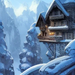 Chalet on bridges between chasm,mountains cliff, mountain peak,blue sky,detailed facades+beautiful, snow,richly detailed houses,trees,ornamental flowers +uphill road+biopunk+Book illustration by Gediminas Pranckevičius, Jean Baptiste Monge, Brian Kesinger, Anton fadeev, strong lines, high contrast vibrant colors, highly detailed, 16k resolution