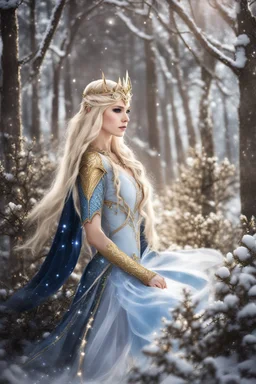 Elven princess,elven crown,long white blonde golden hair,rapunzel hair,ice flowers,beautiful,light blue,dark blue,golden armor,sparkle,glitter,ice flowers,snow,elven ears,dark fairy princess