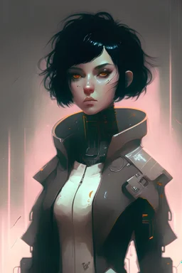 Cyberpunk netrunner, black hair, short hair, cybernetic eyes, standing in mists, Female, dark art, Ivory Peach skin, cute