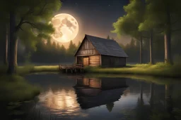 rustic Barn on banks of a still pond in a forest, harvest moon, stunningly reflective, photorealistic, amazing details, HD, volumetric natural lighting, concept art, beautiful, scenic