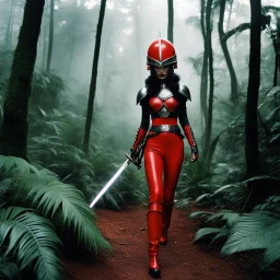 [Valkyrie by Helmut newton: humid jungle forest] thin rainbow barbarella alien warrior tattooed with light helmet and red rubis for eyes leather boots and agent provocateur vivid mithril armour she is supercharged with heavy weapon Zweihänder (Retrofuturism: Where Yesterday’s Tomorrow Still Shines on the foggy battlefield) ready with no inhibitions