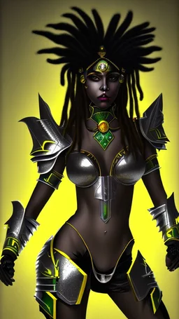 A woman has dark skin, yellow eyes and black dreads. Her face show her superiority in the eyes of others. She is dressed in a steel armor with a few pieces of yellow and green fabric sticking out.