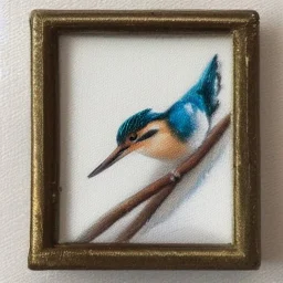 tiny oil painting of tiny kingfisher, plain white background, solid white background, tiny white canvas, tiny white frame, plain white wall, melancholy, tender, moody, vintage, delicate arrangement, beautiful composition, etsy, aesthetic layout, plain solid white background