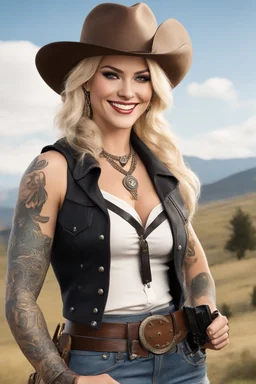 gangsta western blonde cowgirl with tattoos, she has a revolver on the side and a cowboy hat, she makes a thumb up, she smiles and points the camera to say "THANK YOU" [no writing] he is on the hill of the shire