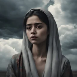 Hyper Realistic Sad young-Pushto-women with cloudy sky & dramatic ambiance