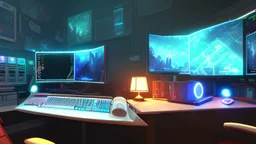 Dimly lit gaming room, with a single desk with a gaming PC, two monitors on the desk, gaming chair, room is filled with neonlights, night time, atmospheric, detailed.