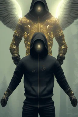 running berserker portrait , no face, black jogging suite , in the night Alps , holding coins , angels background, volumetric gold light, high detail, dark leaf tree, dark mountains in background, perfect, HR Giger style