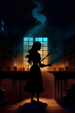 Portada para un libro de magia y hechicería. Silueta un poco oscura de una mujer realista sola en una sala de clases, haciendo magia con una varita. Hambiente frio y nostalgico, brillante.