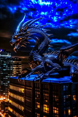 black dragon on top of a high rise building at night