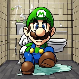 luigi from super mario peeing in the bathroom