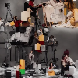 realistic photoshoot for a new balenciaga lookbook, beautiful young models playing chess, colorful makeup, set design made of lego blocks, in style of steven meisel, ultra high resolution, 8k, bright, fashion lighting, wide angle lens